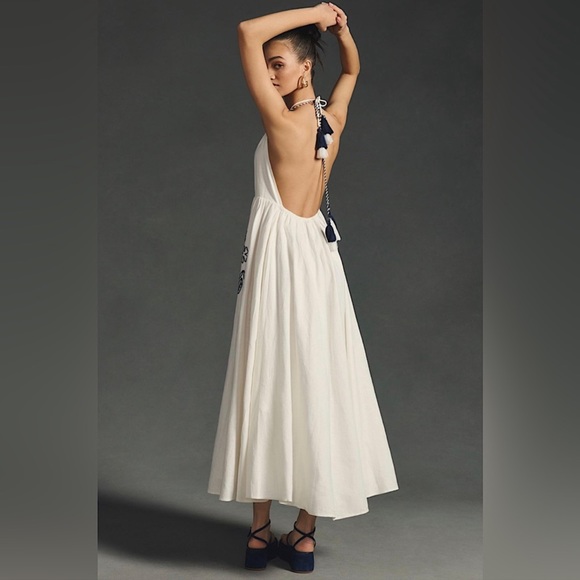 Anthropologie x Farm Rio Embroidered Halter Maxi Dress Linen
Backless White Navy - Picture 2 of 8